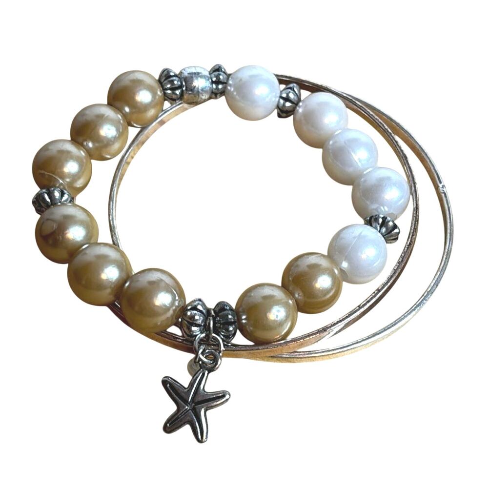 Set of 3 Faux Pearl Silver Tone Bangle Bracelets Starfish Charm